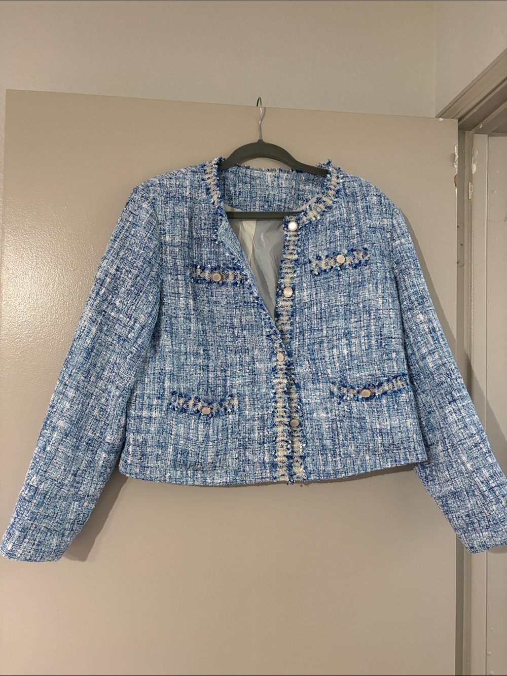 Light Blue Tweed Cropped Blazer with Fringed Trim